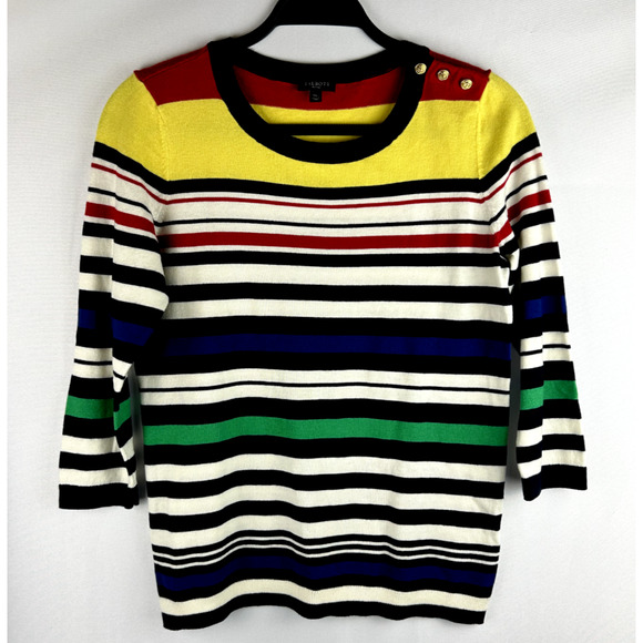 Talbots Sweaters - Talbots Pullover Sweater Size Medium Petite Multi-Stripe Gold Buttons 3/4 Sleeve